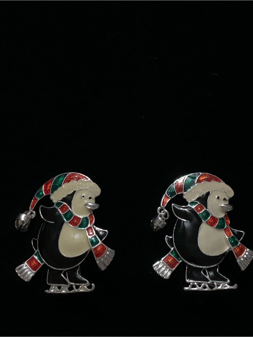 Vintage Avon Holiday Penguin Enamel Brooch Pair - Red, Green, Cream